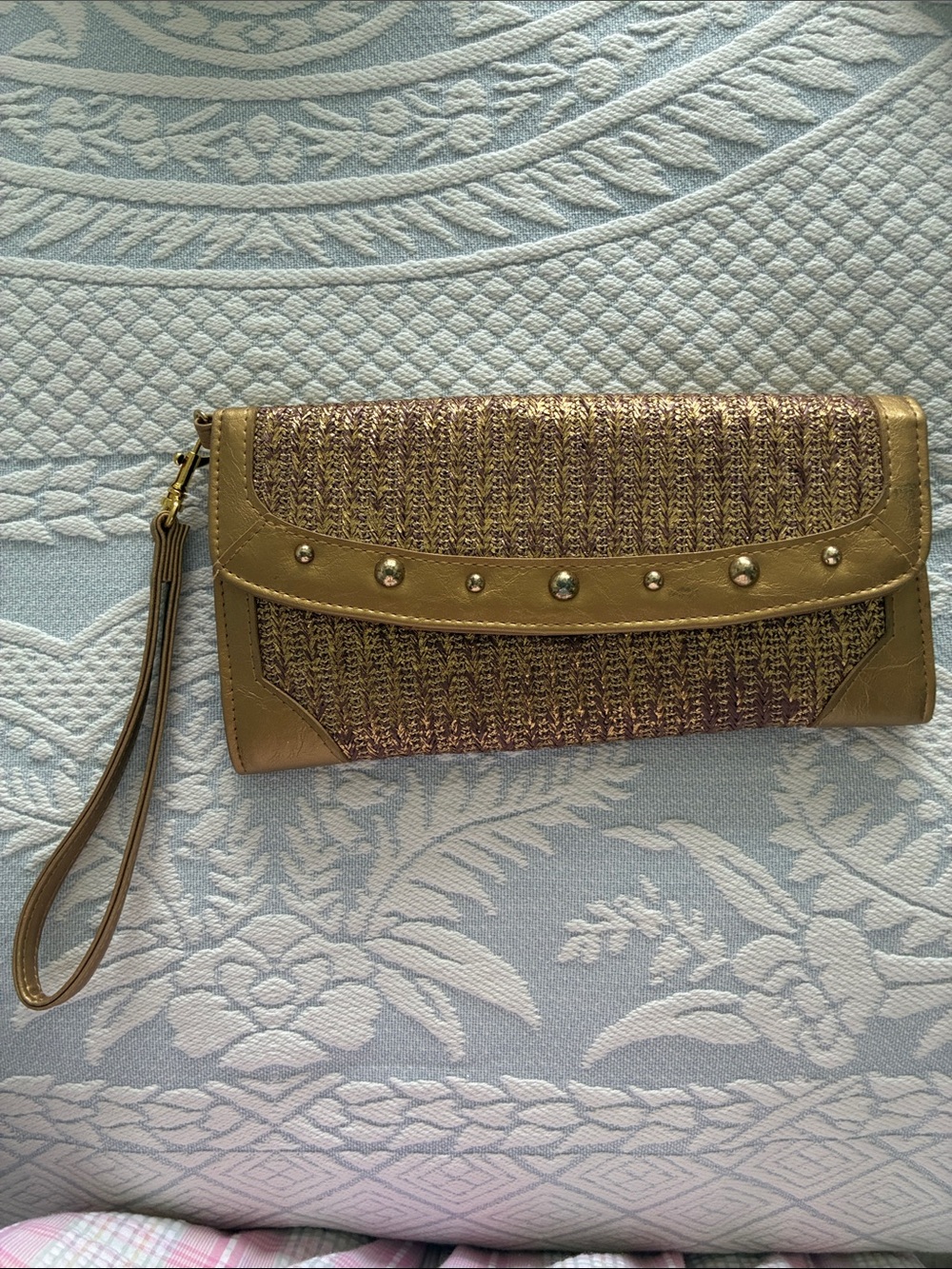 Woven Straw Clutch with Metallic Stud Trim - Brown